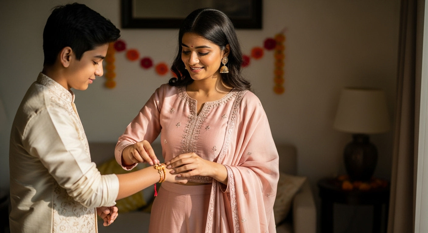 Modern Indian woman tying rakhi to brother while dressed in festive co-ord set – emotional Raksha Bandhan moment.