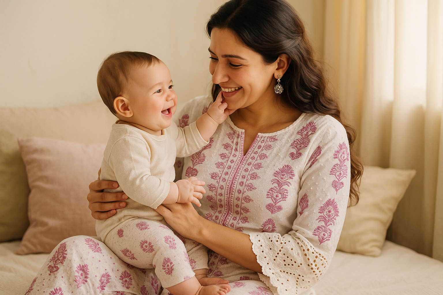Mother in comfortable ethnic wear enjoying a peaceful moment with her child