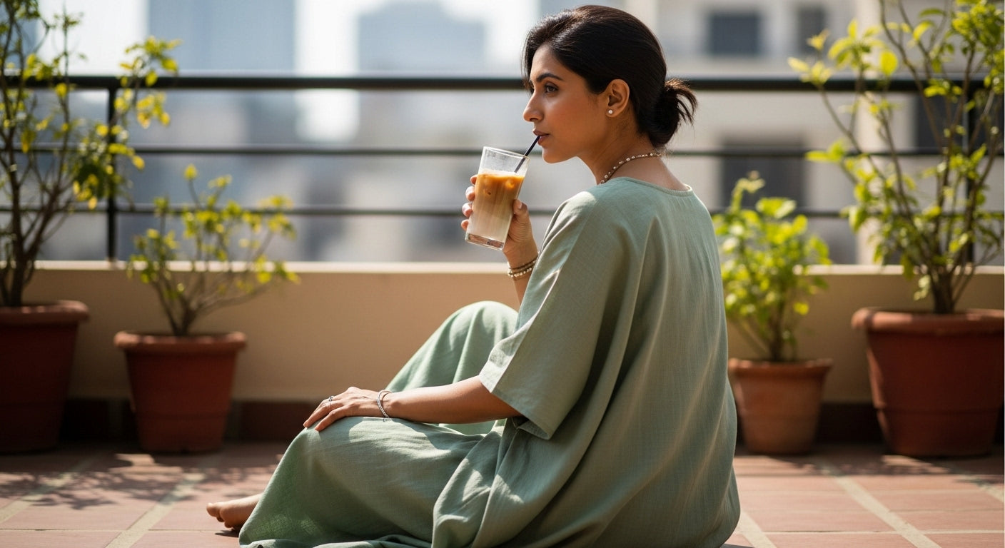 Woman in sage green caftan enjoying relaxed summer moment on terrace