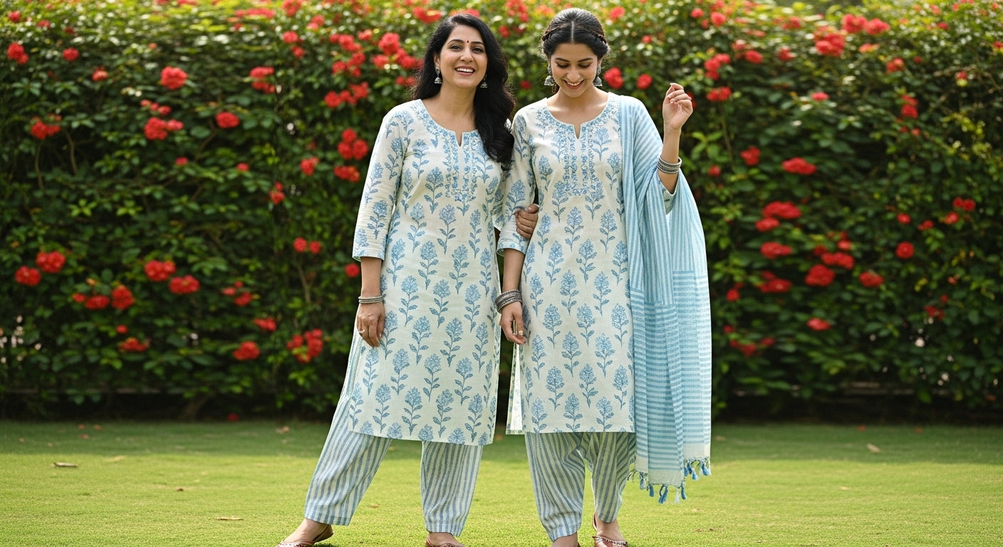 Mother and daughter wearing matching pastel cotton Ethnic Kurta sets, smiling together in a cozy outdoor setting, showcasing 2025’s trending twinning fashion.