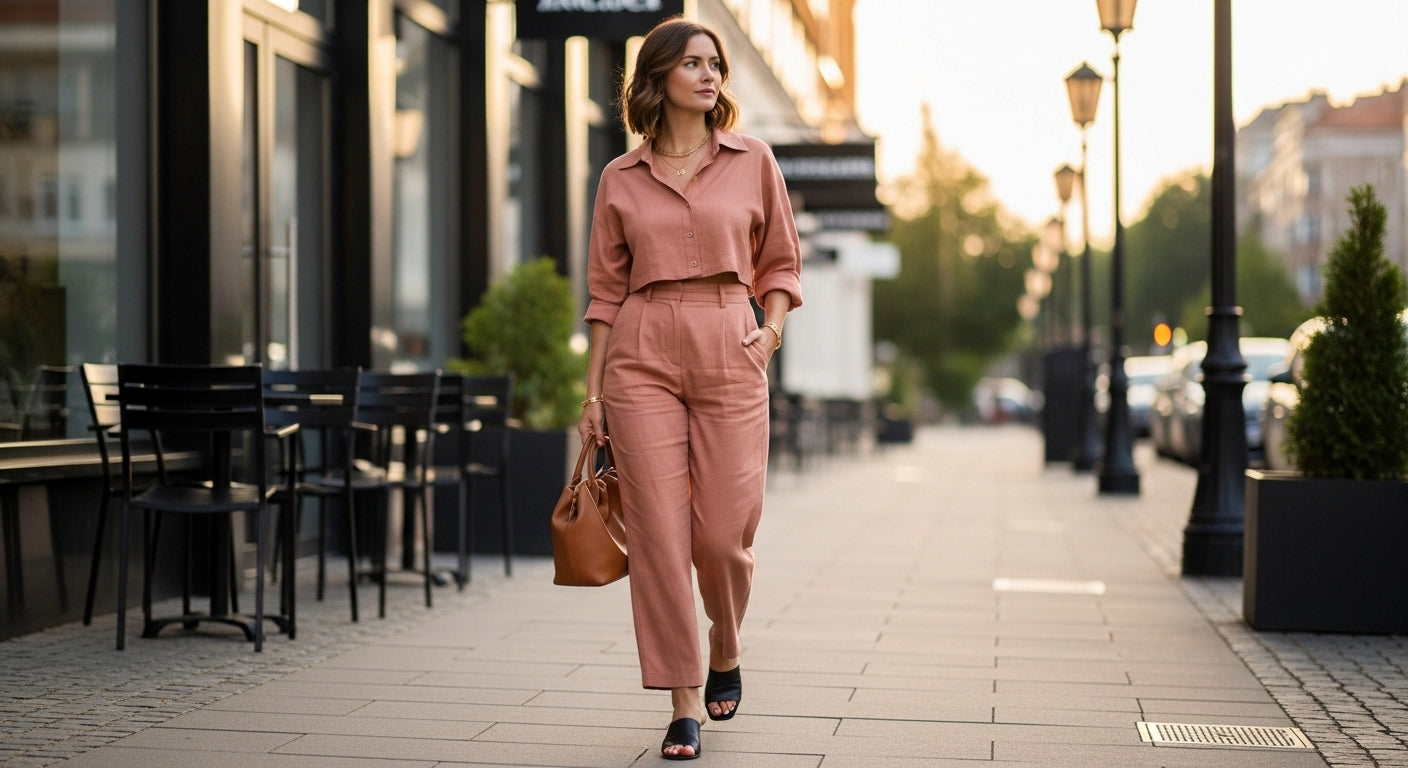 Stylish woman in pastel co-ord set walking confidently in a modern city street at golden hour, showcasing effortless elegance and power dressing