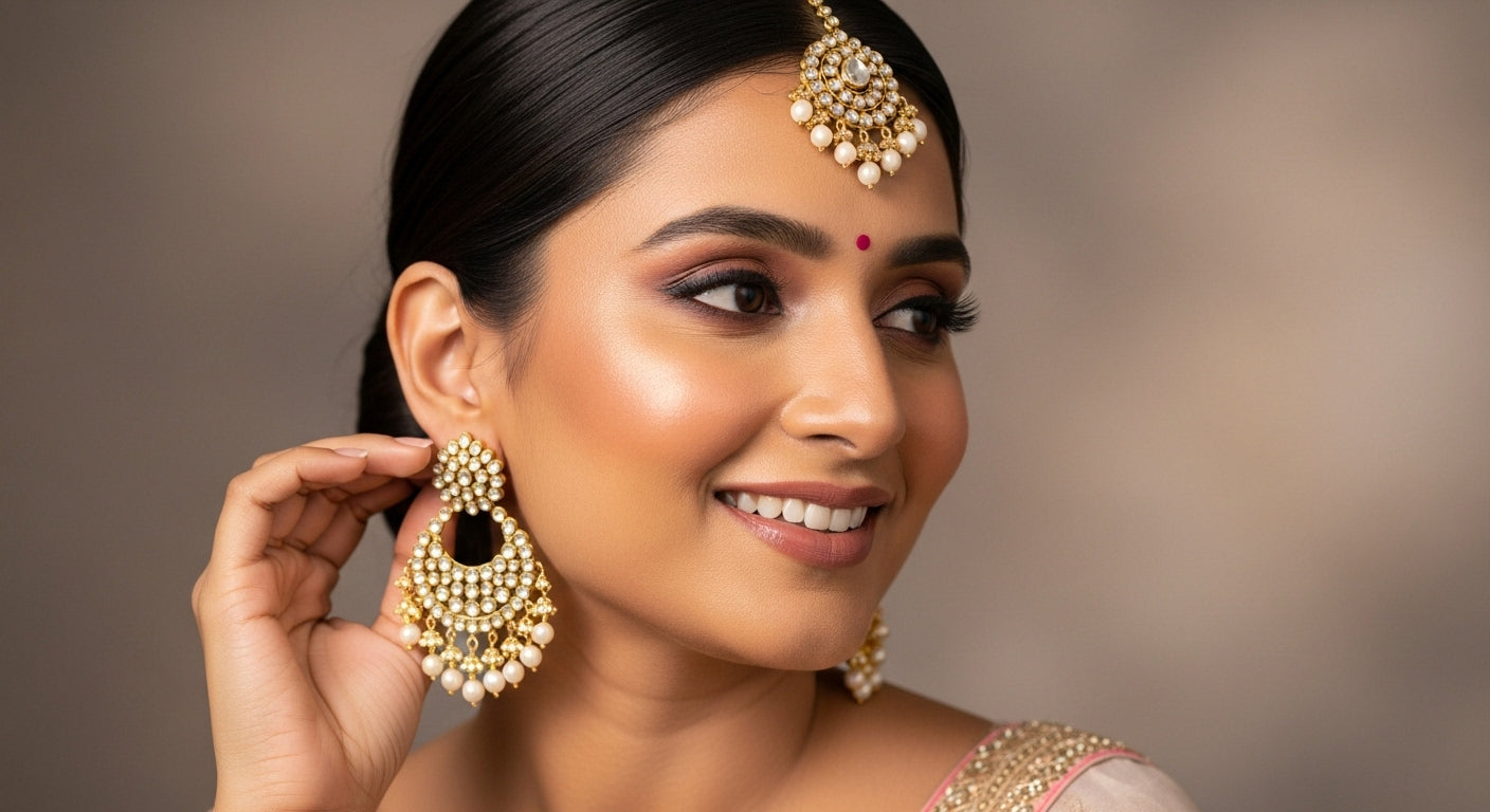 Indian woman wearing statement earrings and traditional outfit, smiling with confidence in studio lighting.