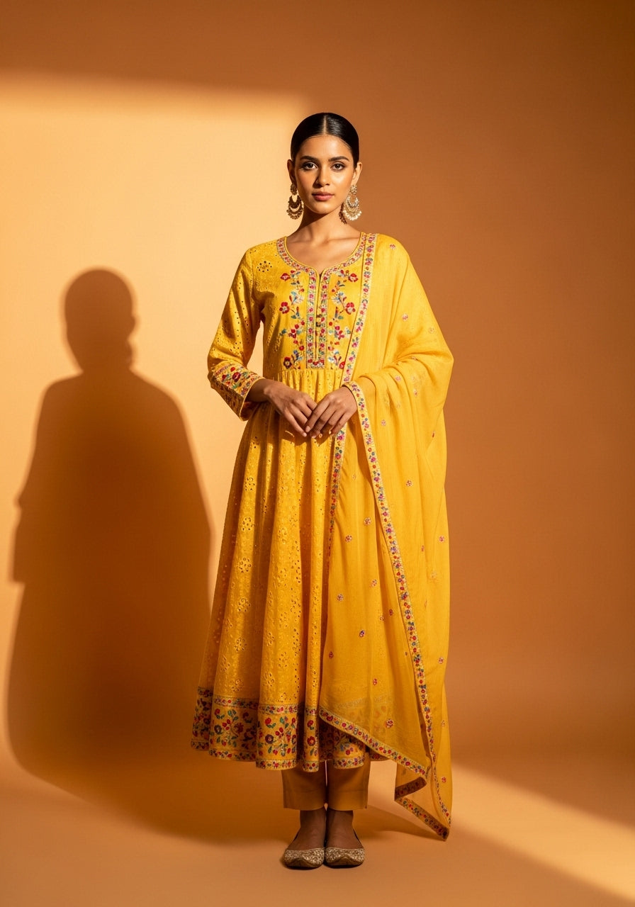 Lightweight cotton Anarkali suitable for daytime wear.