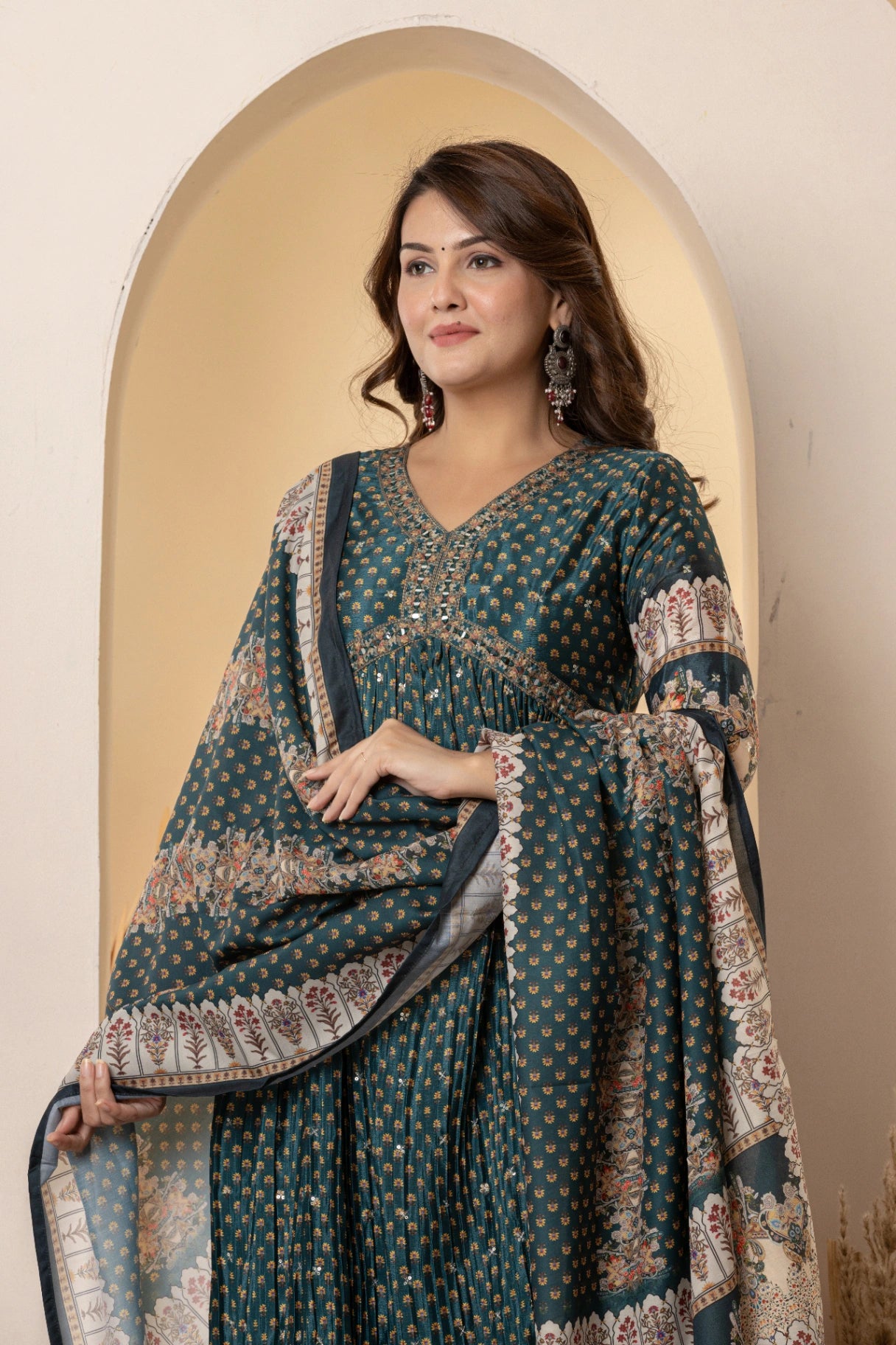 Teal Green Mirror Work Anarkali Suit Set | Festive Crushed Chinnon Kurta