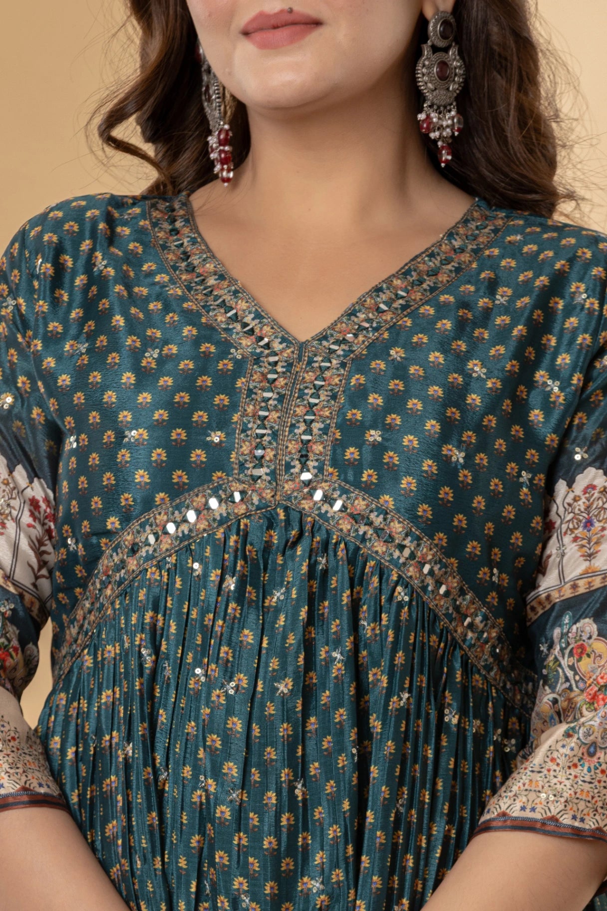 Teal Green Mirror Work Anarkali Suit Set | Festive Crushed Chinnon Kurta