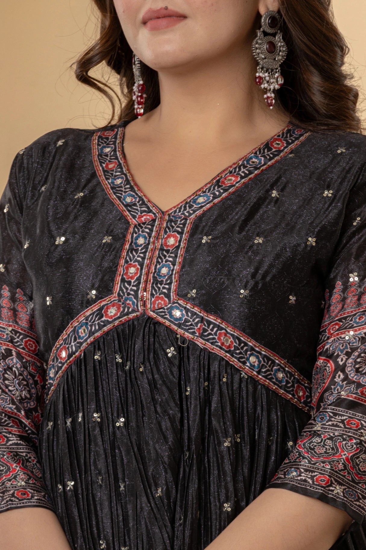 Black Sequin & Embroidered Anarkali Suit Set | Festive Crushed Chinnon Kurta