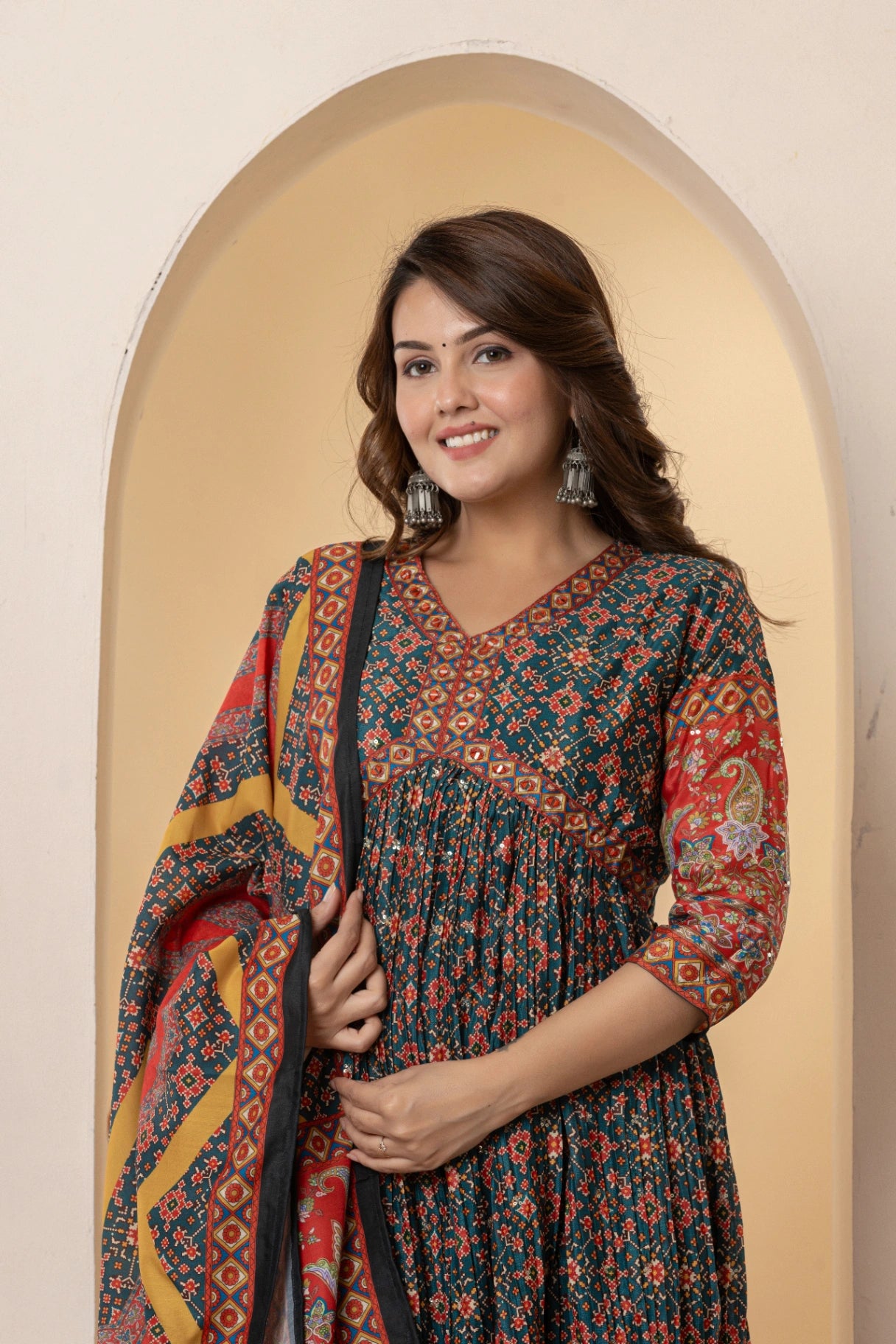 Teal & Red Mirror Work Anarkali Suit Set | Festive Patola Print Kurta