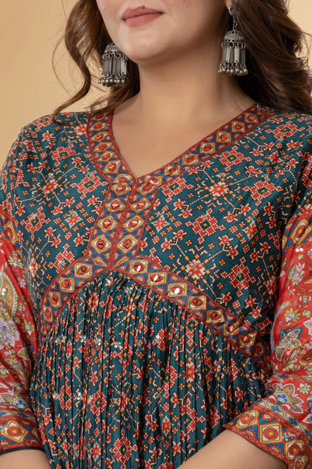 Teal & Red Mirror Work Anarkali Suit Set | Festive Patola Print Kurta