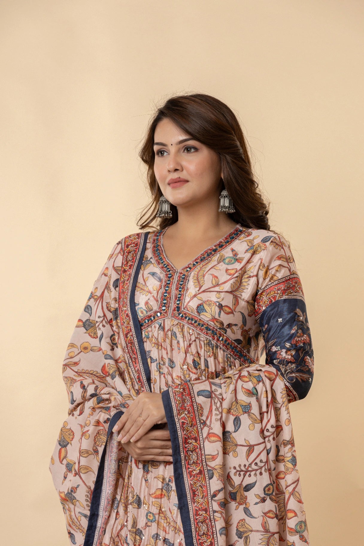 Kalamkari Print Anarkali Suit Set | Embroidered Chinnon Kurta with Silk Pants