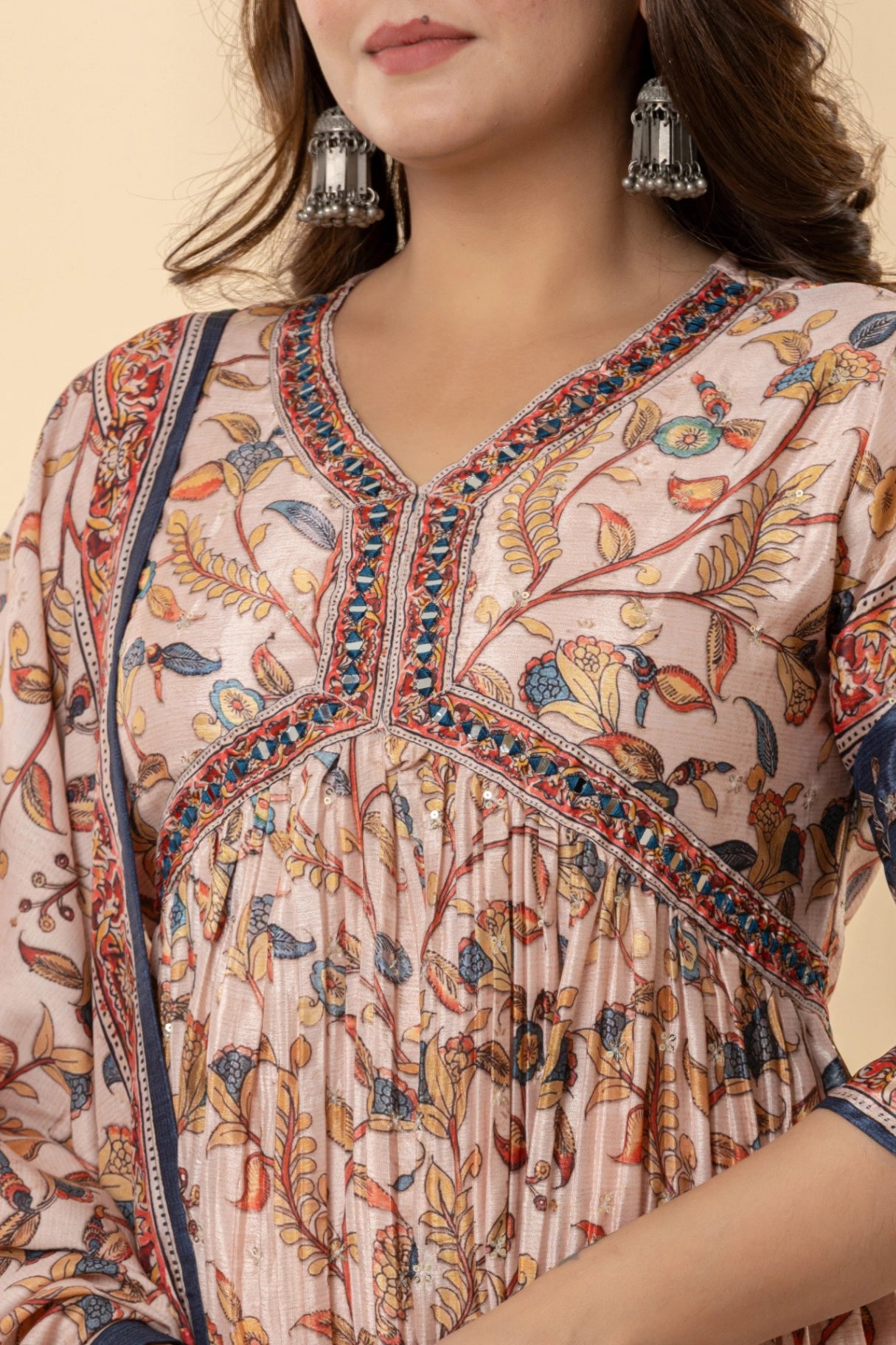 Kalamkari Print Anarkali Suit Set | Embroidered Chinnon Kurta with Silk Pants