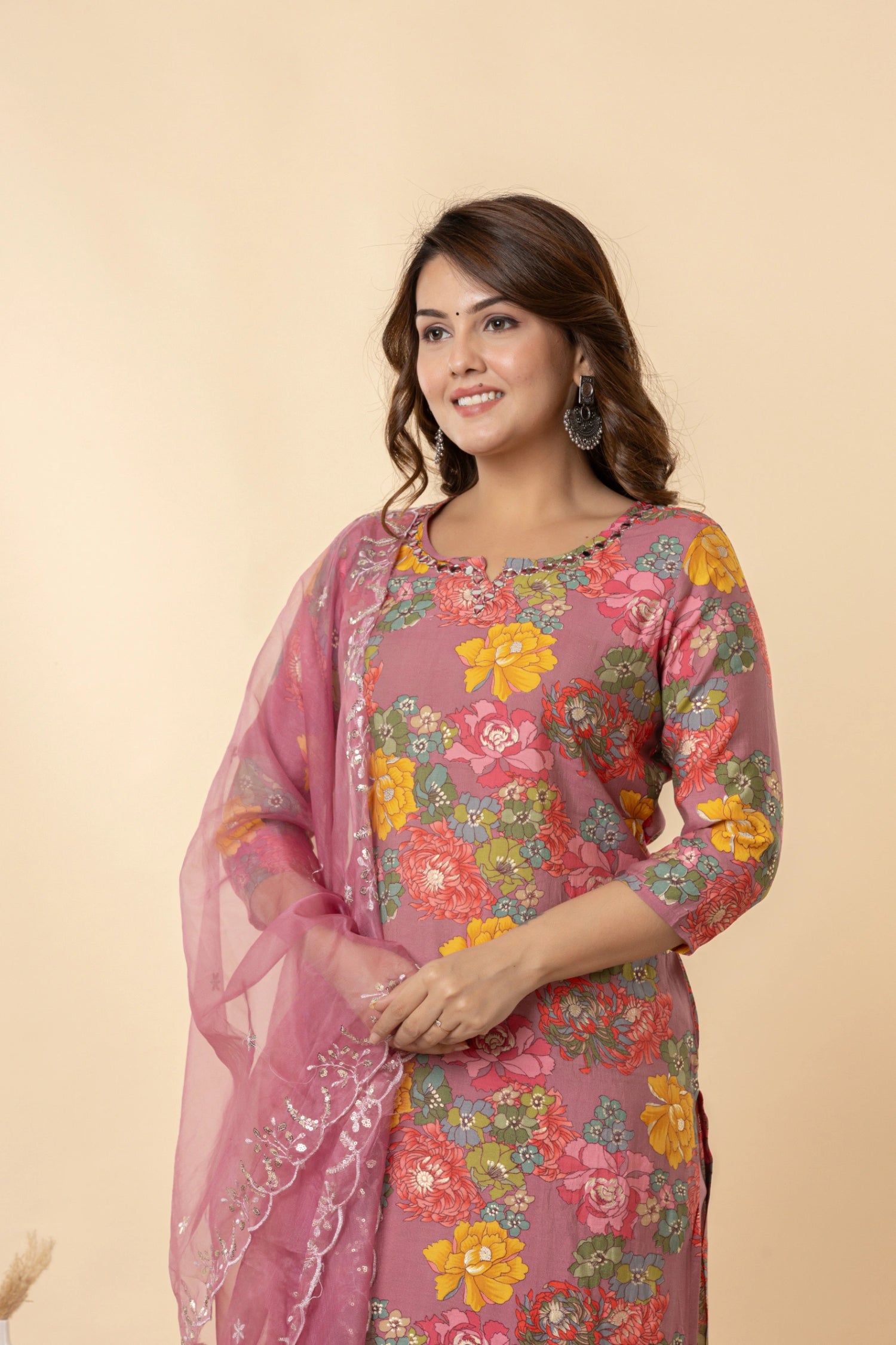 Vibrant Floral Muslin Suit with Embroidered Organza Dupatta