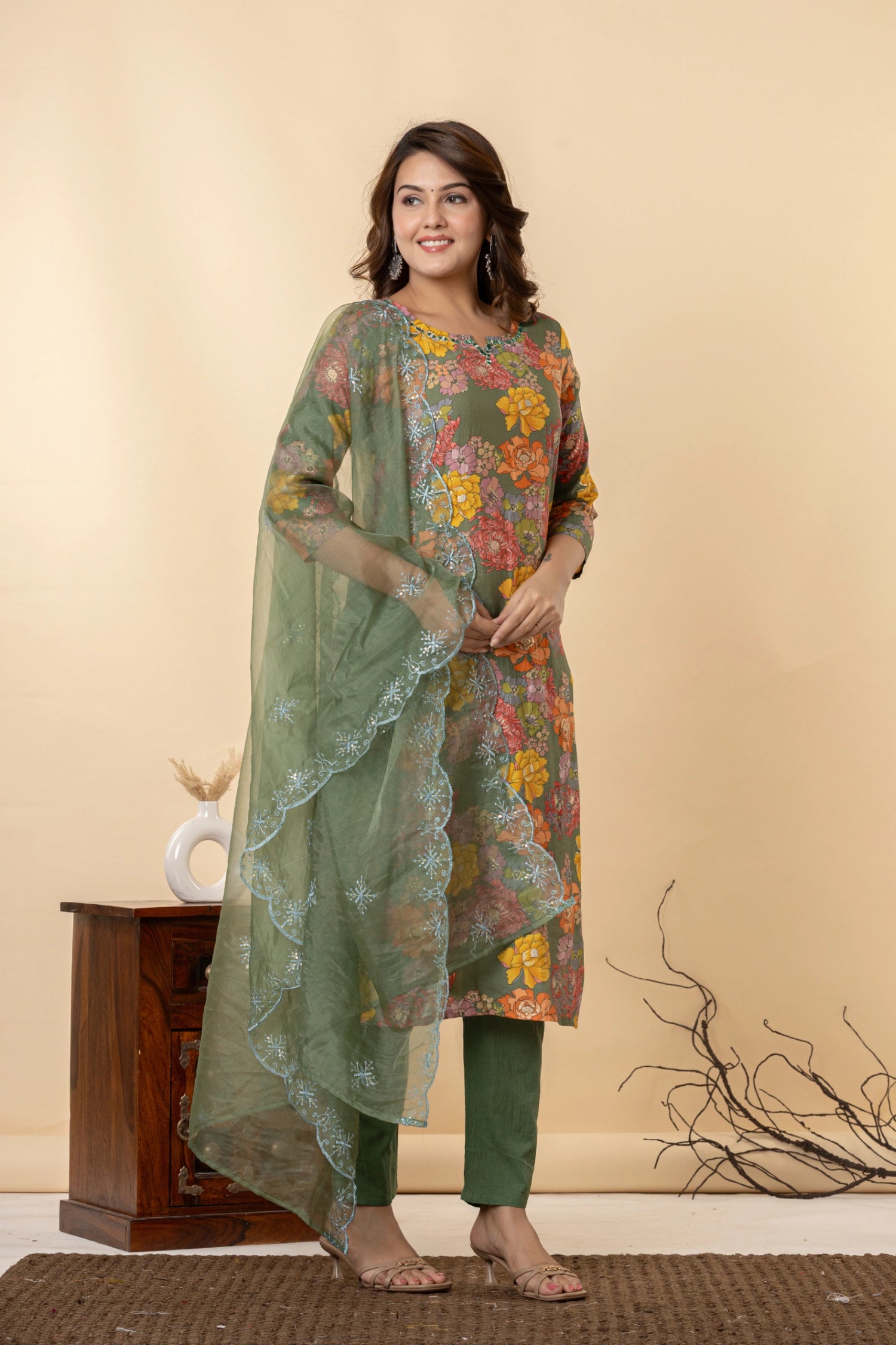 Olive Green Muslin Kurta Set with Mirror Work and Silk Pants