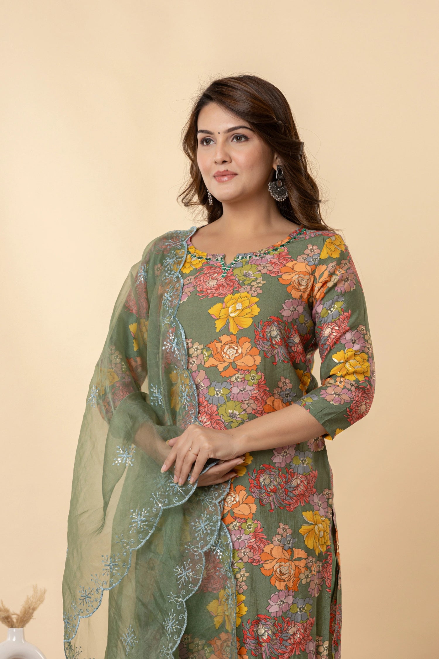 Olive Green Muslin Kurta Set with Mirror Work and Silk Pants