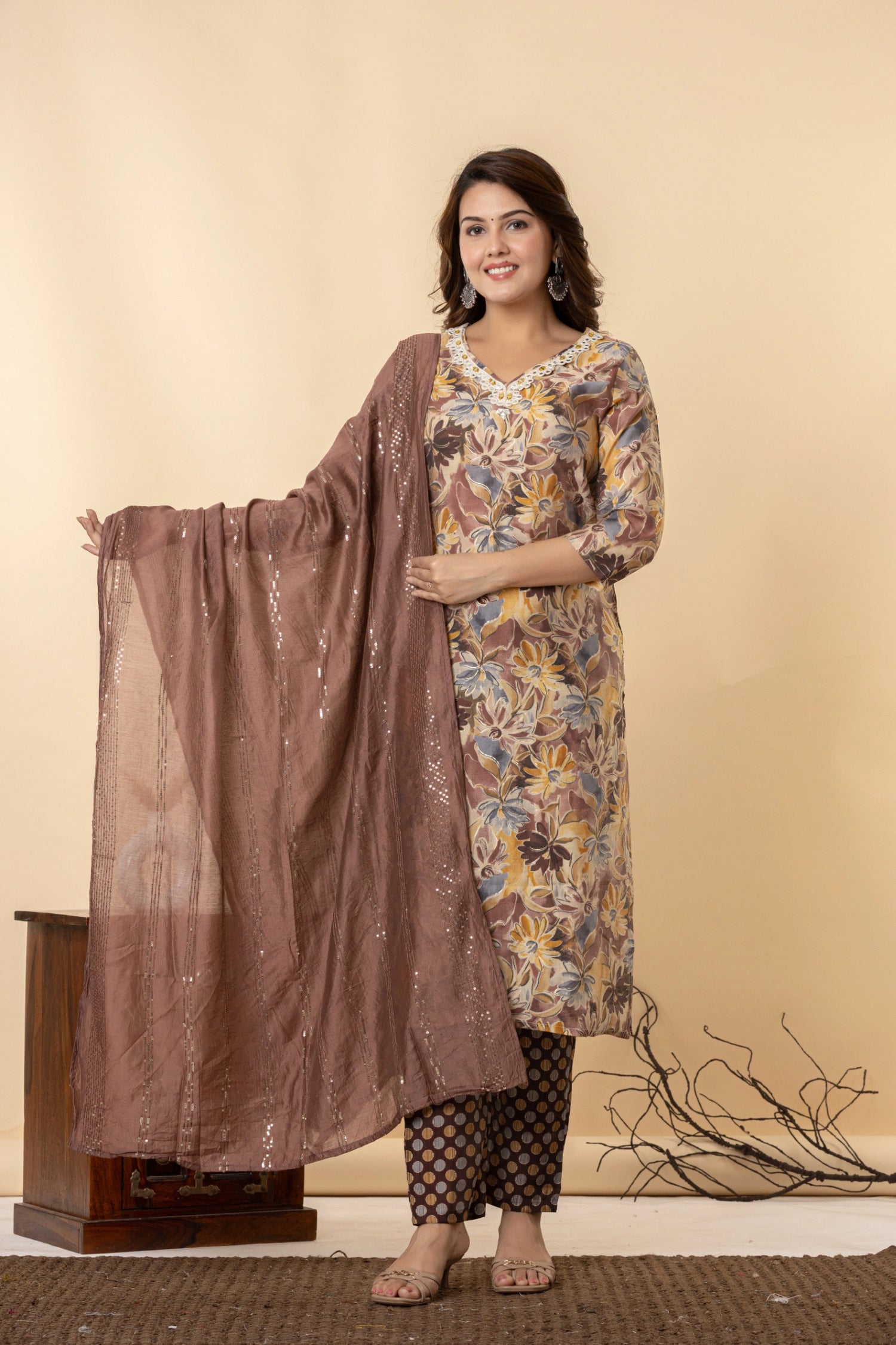 Royal Purple Chanderi Suit Set with Mirror Work