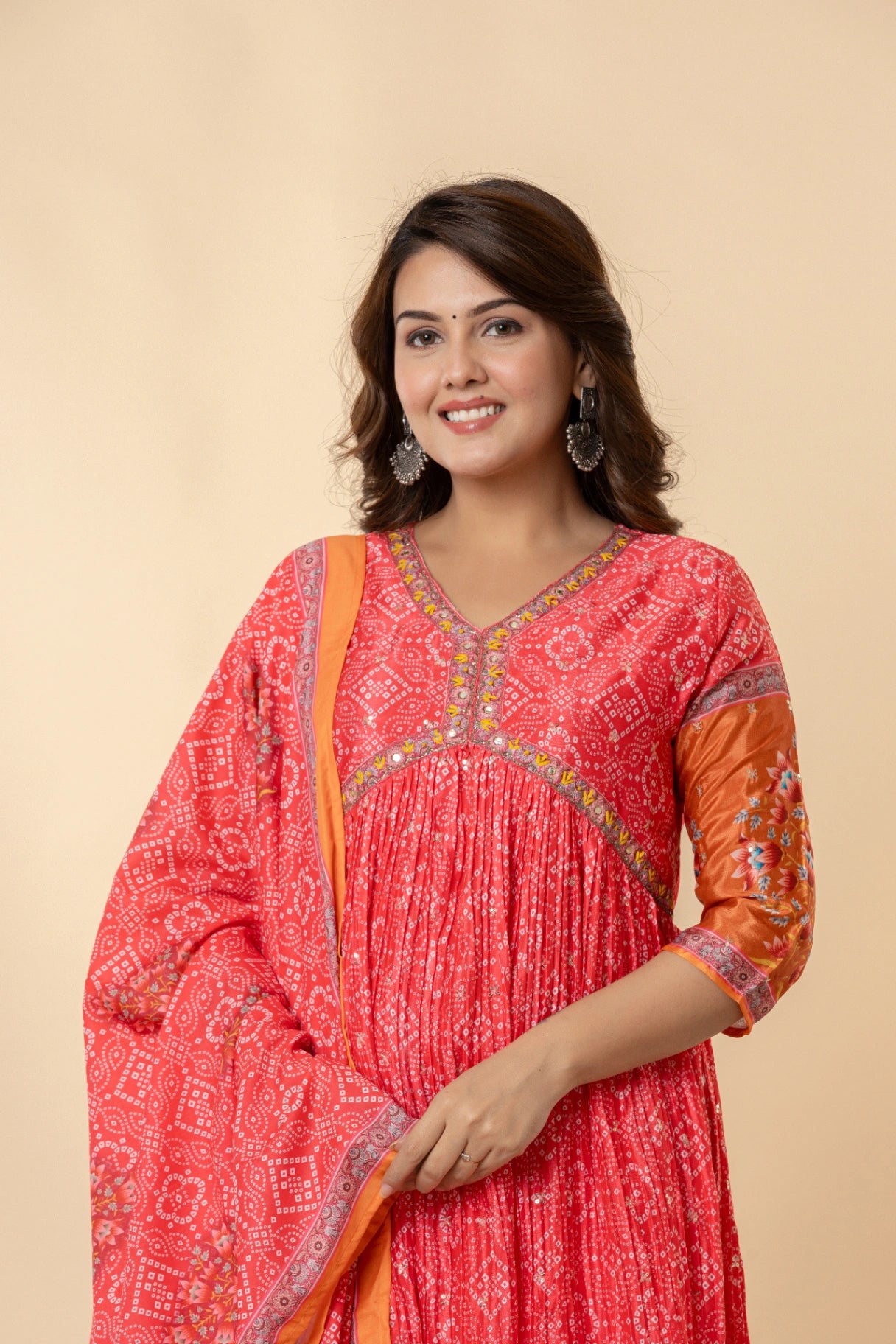 Coral Pink & Orange Mirror Work Anarkali | Festive Bandhani Print Suit Set