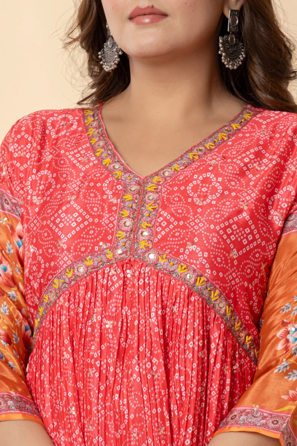 Coral Pink & Orange Mirror Work Anarkali | Festive Bandhani Print Suit Set