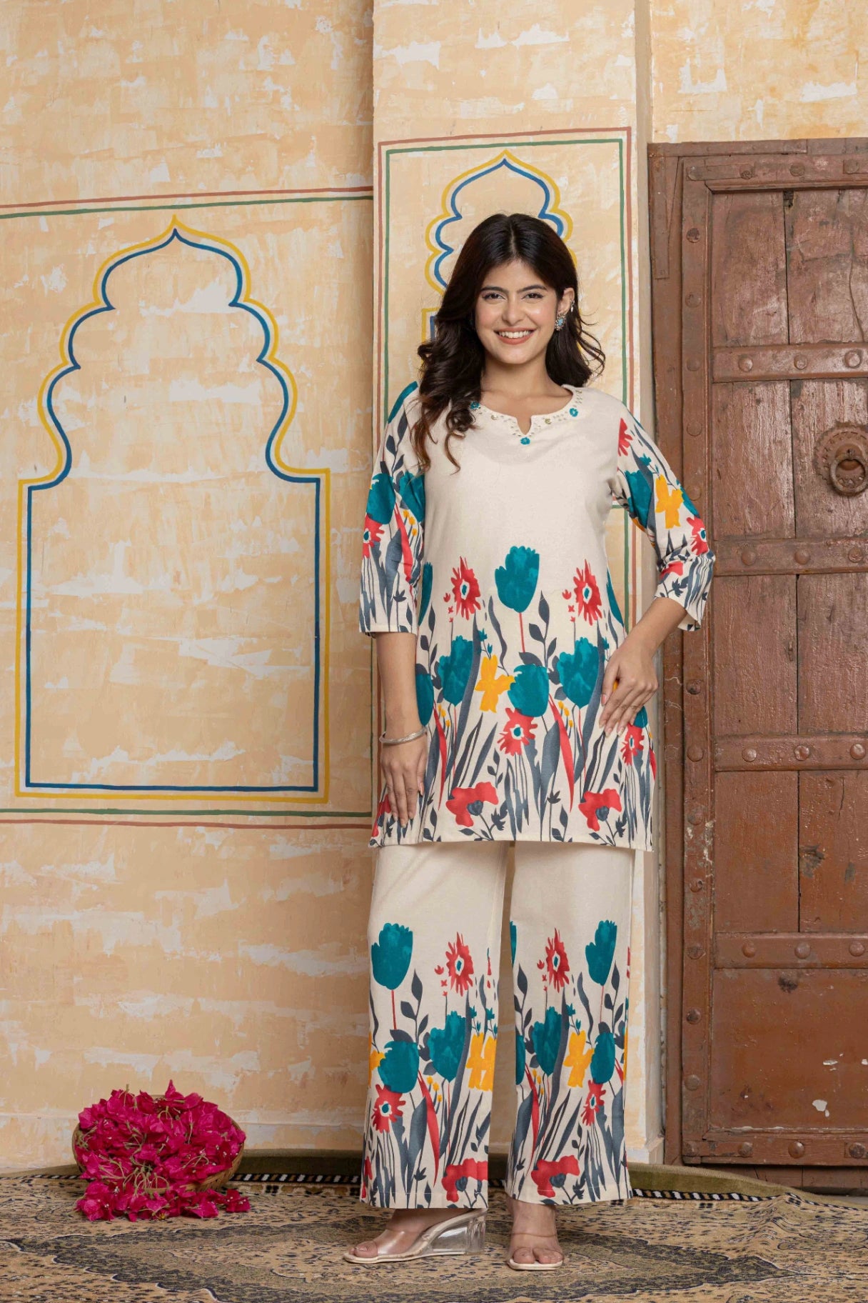 Vivid Floral Art Co-ord Set | Hand-Embroidered Cotton Flex