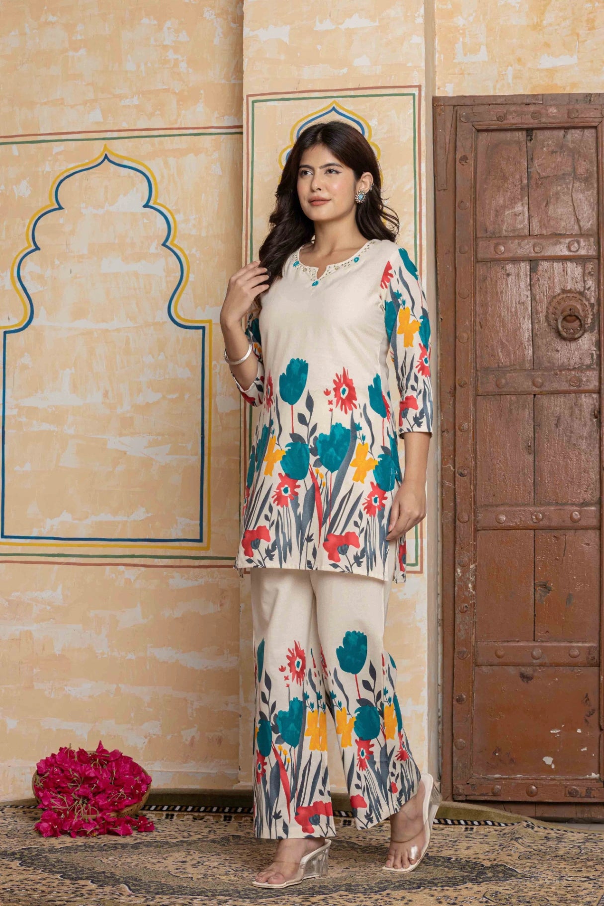 Vivid Floral Art Co-ord Set | Hand-Embroidered Cotton Flex