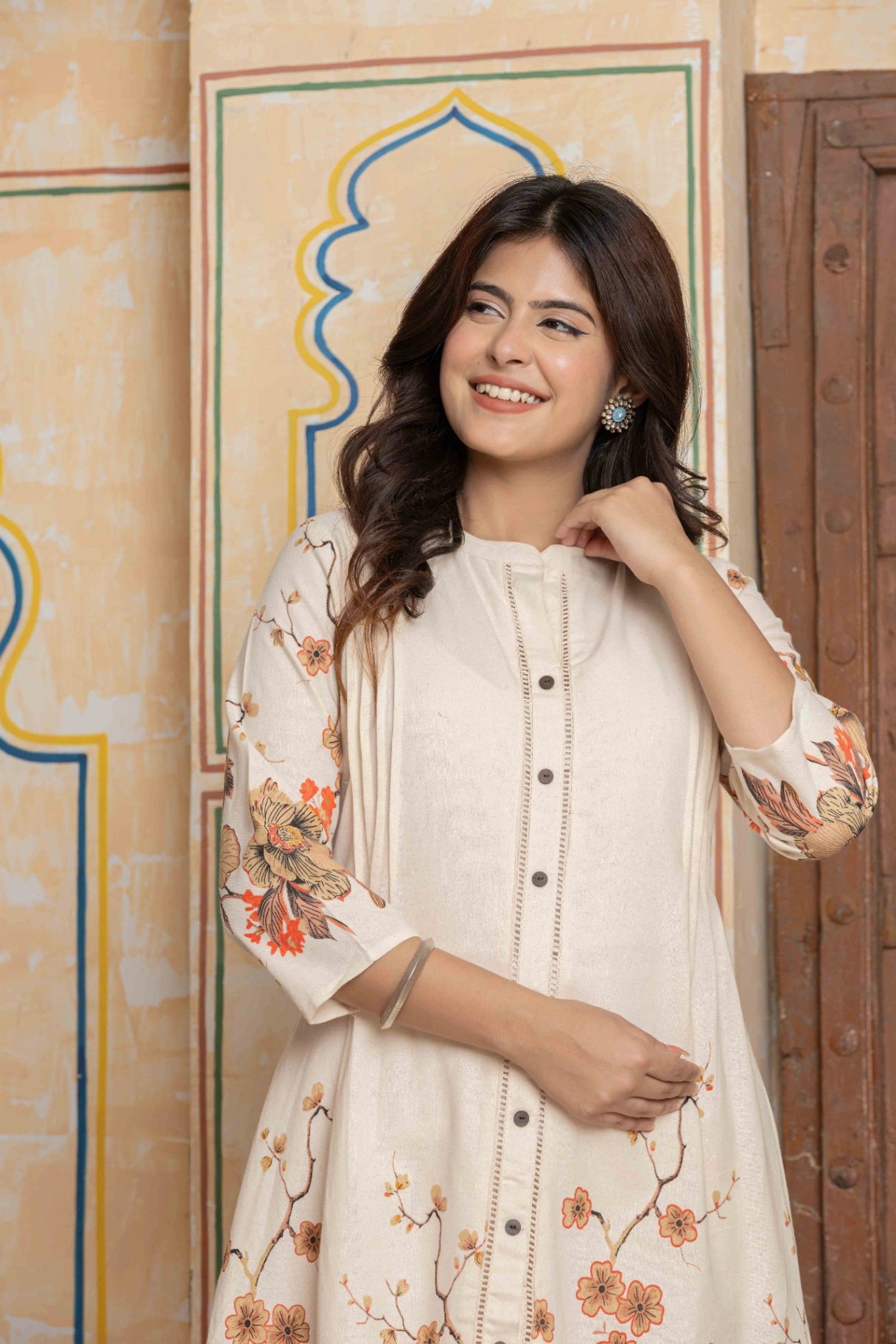 Cream & Orange Floral Print Pintuck A-line Co-ord Set