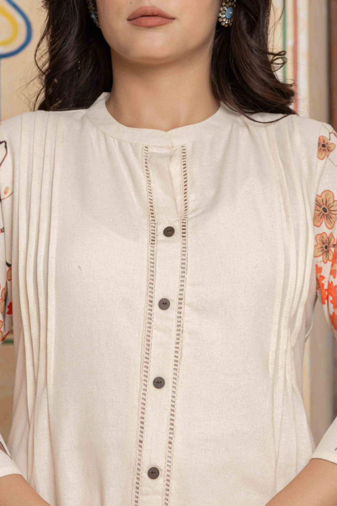 Cream & Orange Floral Print Pintuck A-line Co-ord Set