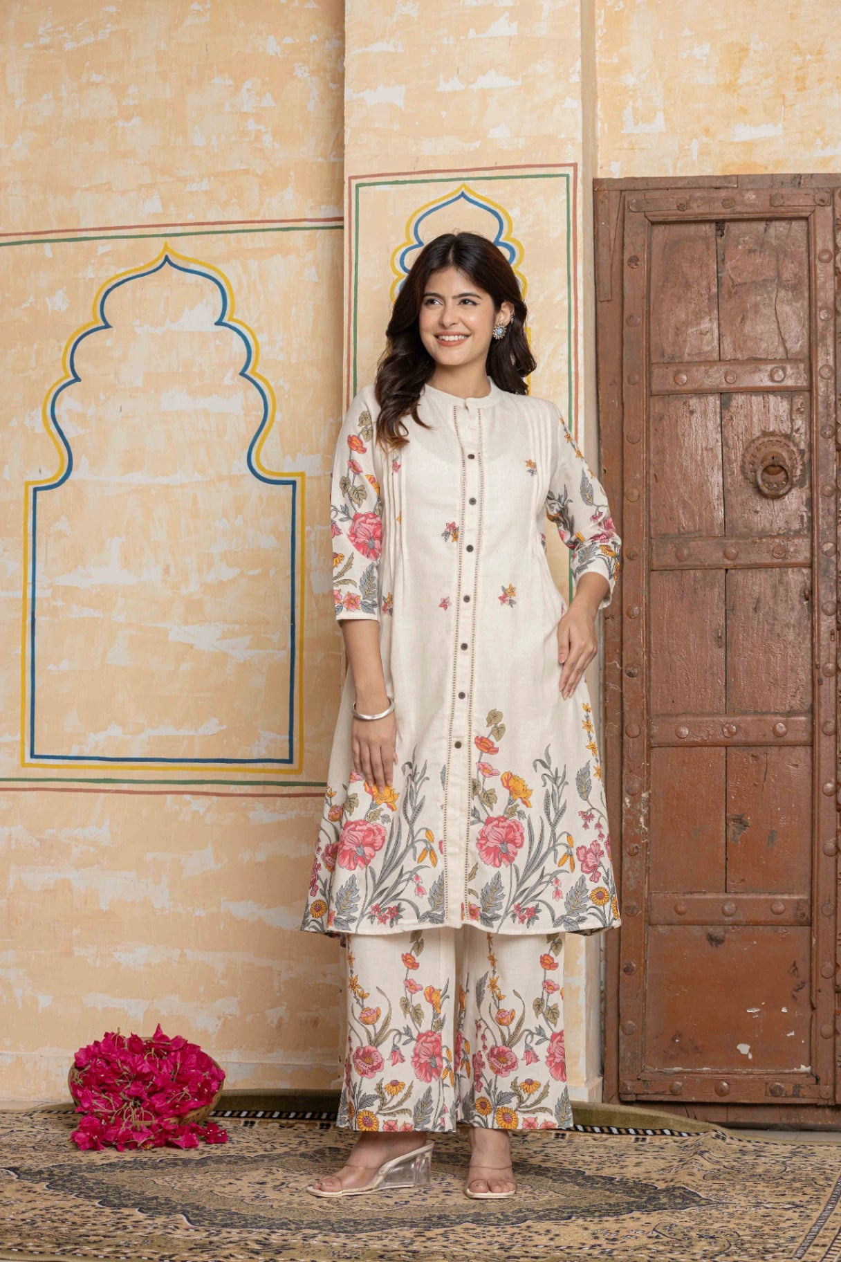 Floral Embroidered Pintuck A-line Co-ord Set | Cotton Flex