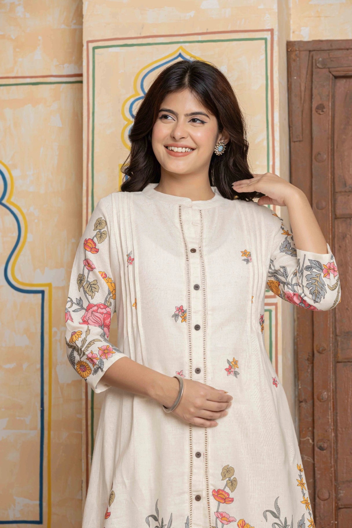 Floral Embroidered Pintuck A-line Co-ord Set | Cotton Flex