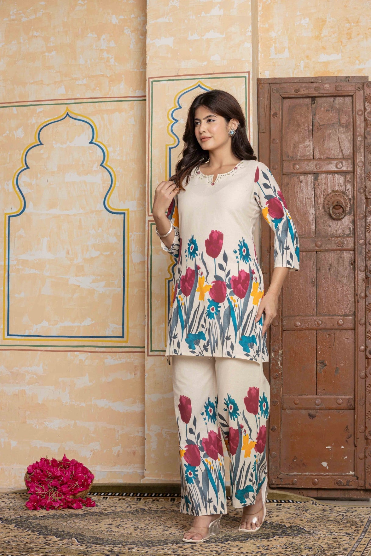 Floral Art Print Co-ord Set | Hand-Embroidered Cotton Flex