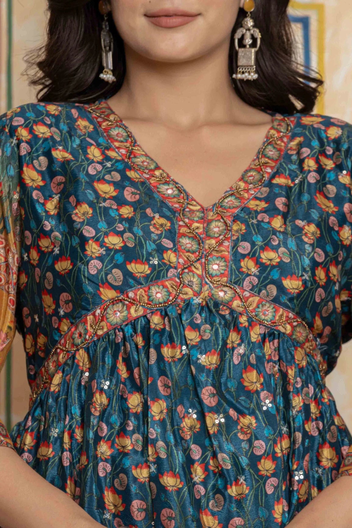 Teal & Mustard Embroidered Anarkali Suit Set | Festive Crushed Chinnon Kurta