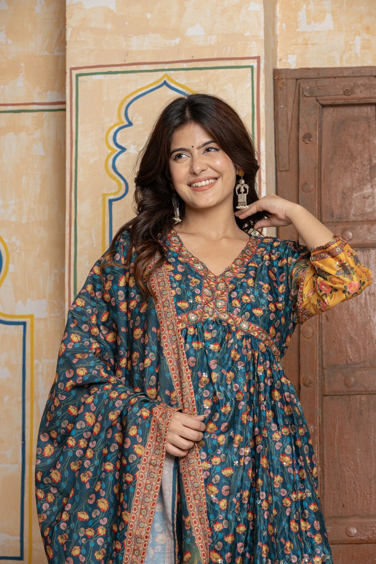 Teal & Mustard Embroidered Anarkali Suit Set | Festive Crushed Chinnon Kurta