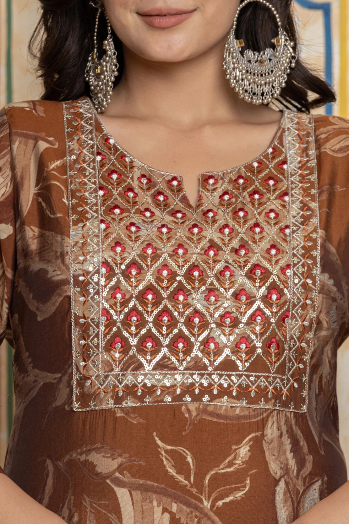 Brown Chanderi Silk Kurta & Skirt Set | Embroidered Festive Skirt Suit
