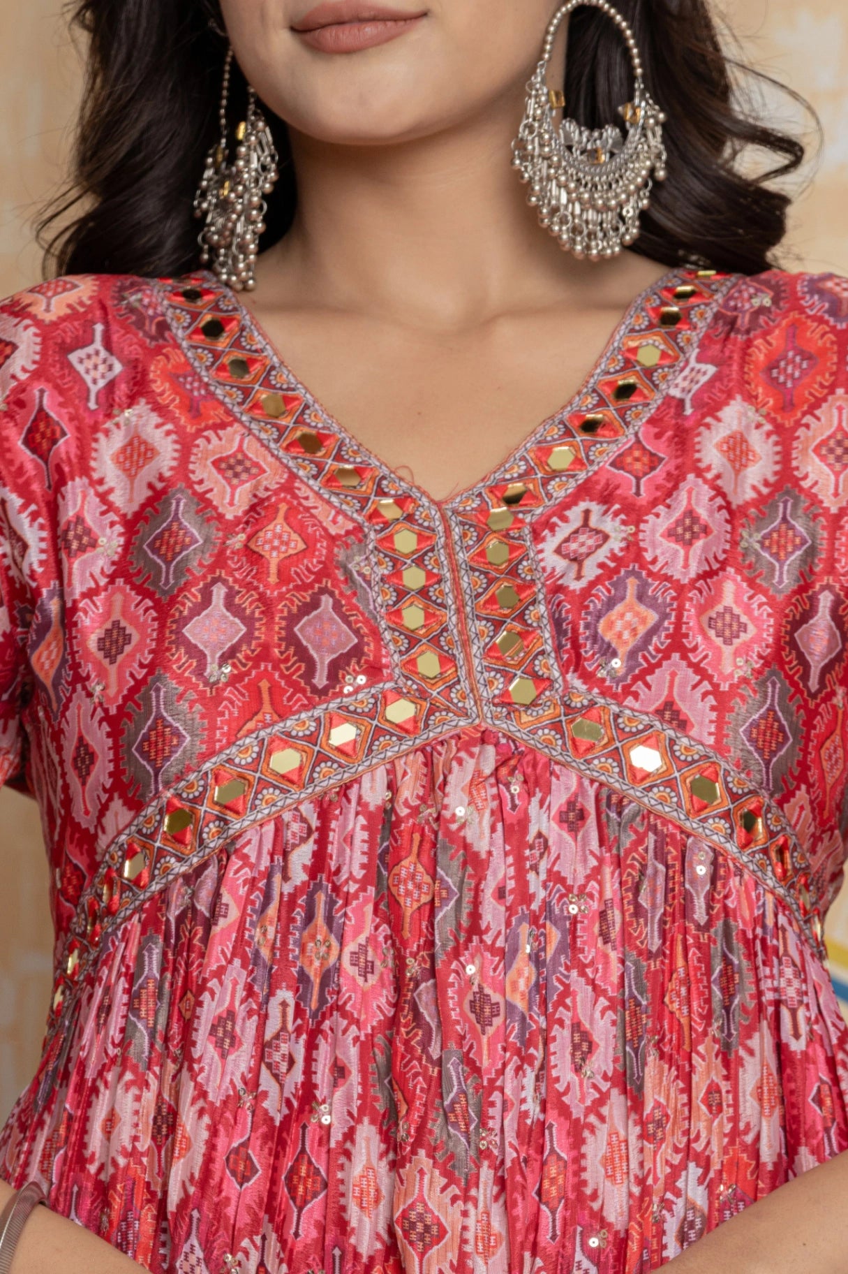 Rani Pink Mirror Work Anarkali Suit Set | Festive Crushed Chinnon Kurta