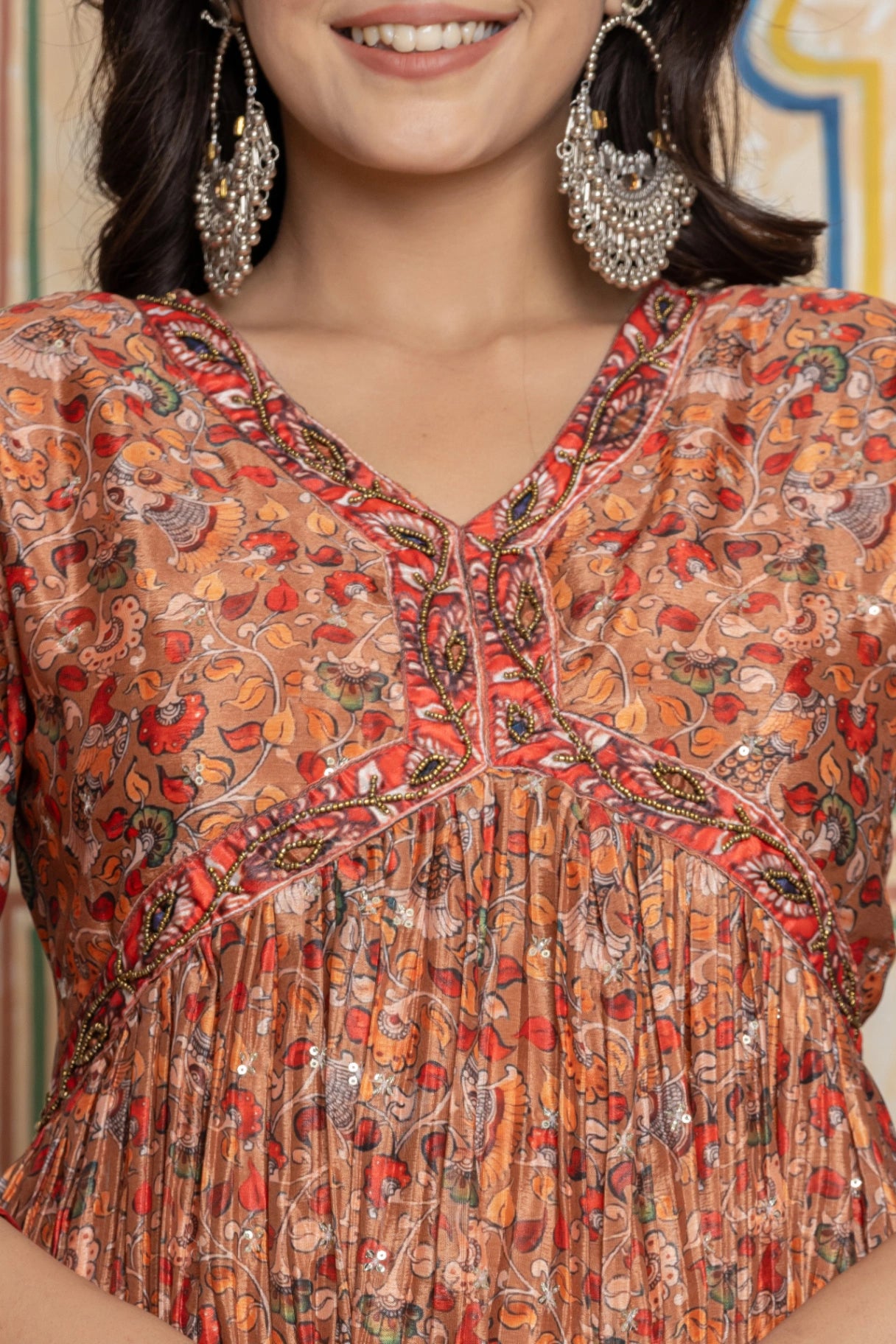 Rust Embroidered Anarkali Suit Set | Festive Crushed Chinnon Kurta & Silk Pants