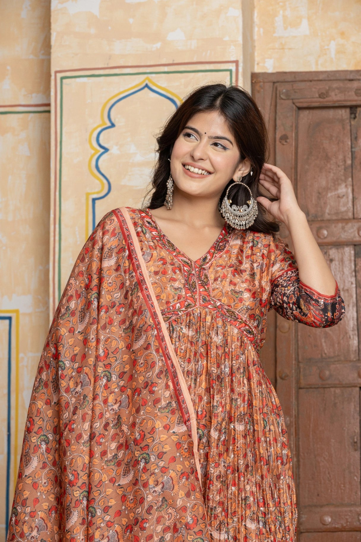 Rust Embroidered Anarkali Suit Set | Festive Crushed Chinnon Kurta & Silk Pants