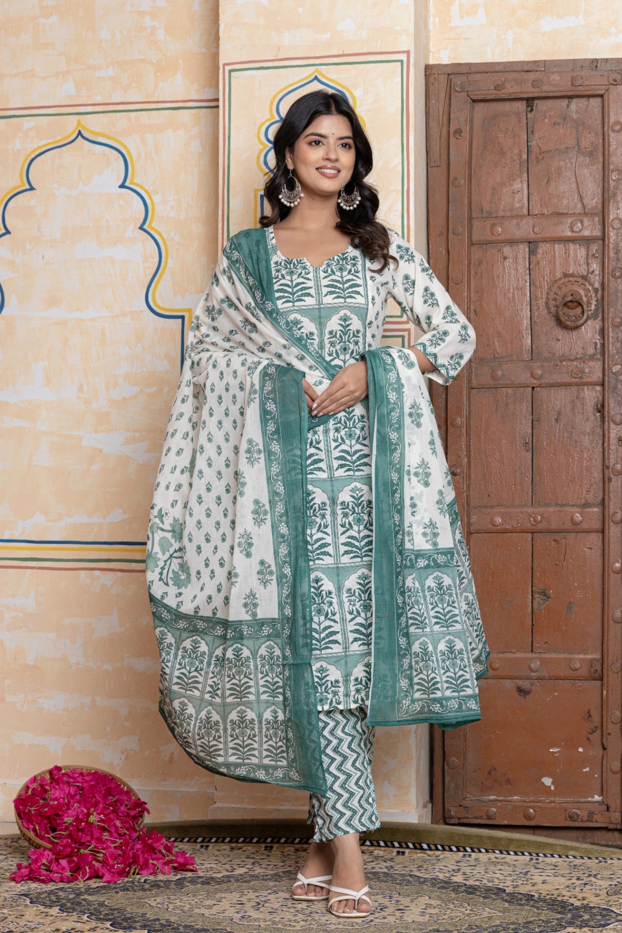 Sage Green Jaipuri Block Print Cotton Suit Set | Kurta, Trousers & Dupatta