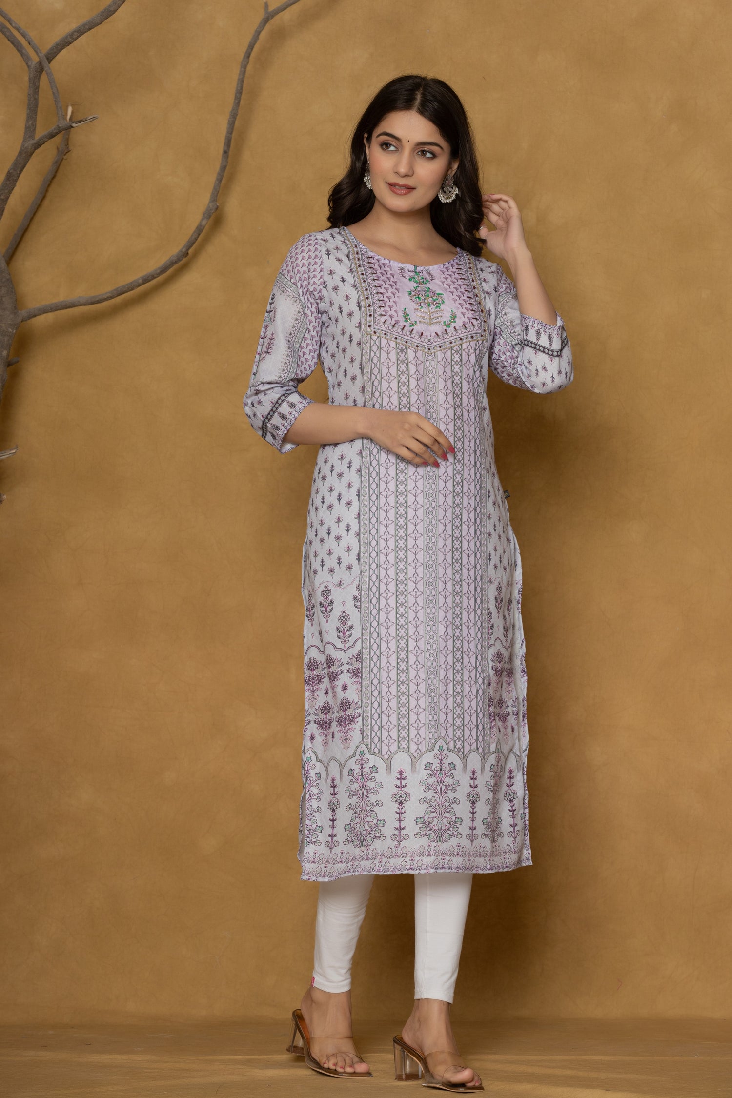 Lavender Kurta Detailed with Handwork on Round Neck