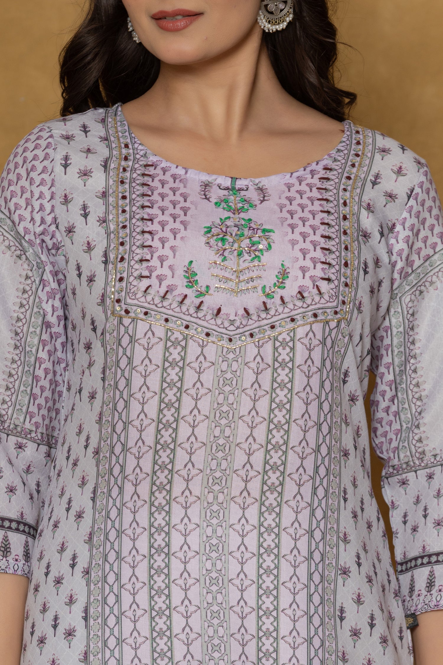 Lavender Kurta Detailed with Handwork on Round Neck
