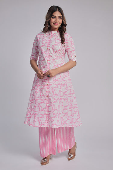 Women's Pink Princess cut Printed kurta and pant