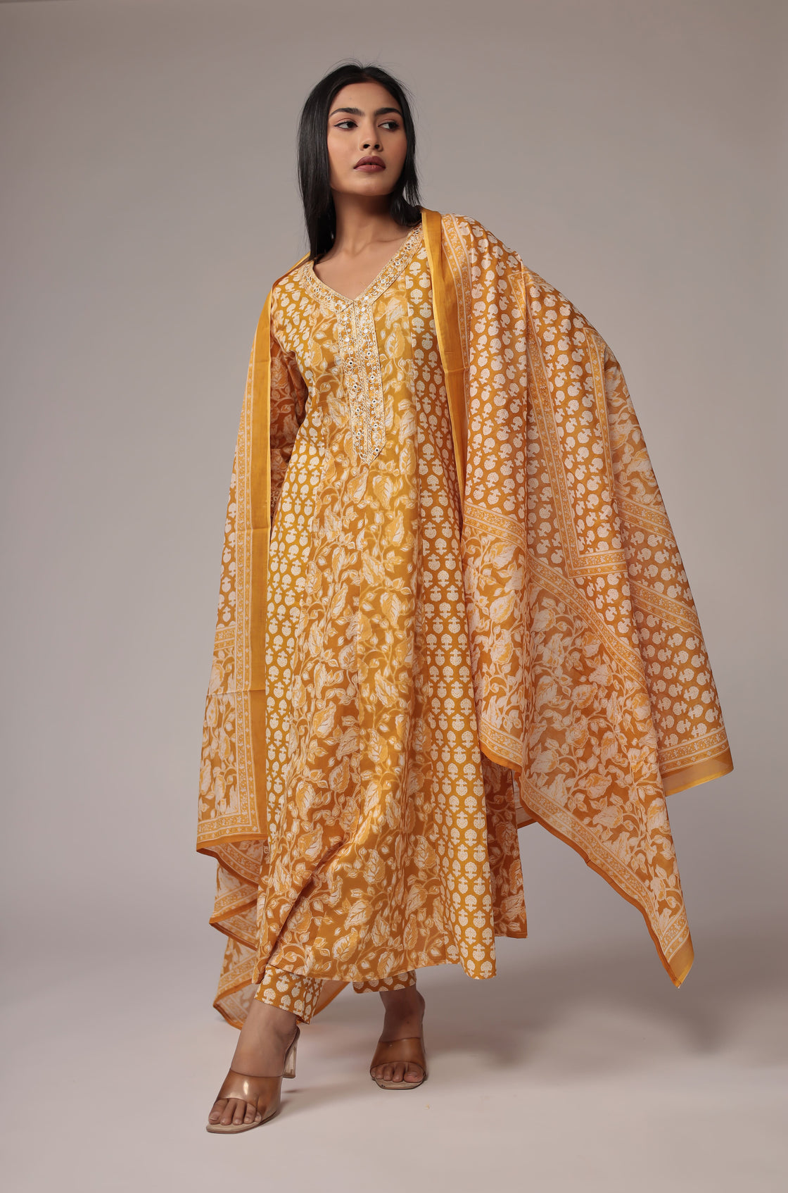 Printed Mustard Anarkali Dupatta Set Detailed with Embroidery on Neck and Sleeves