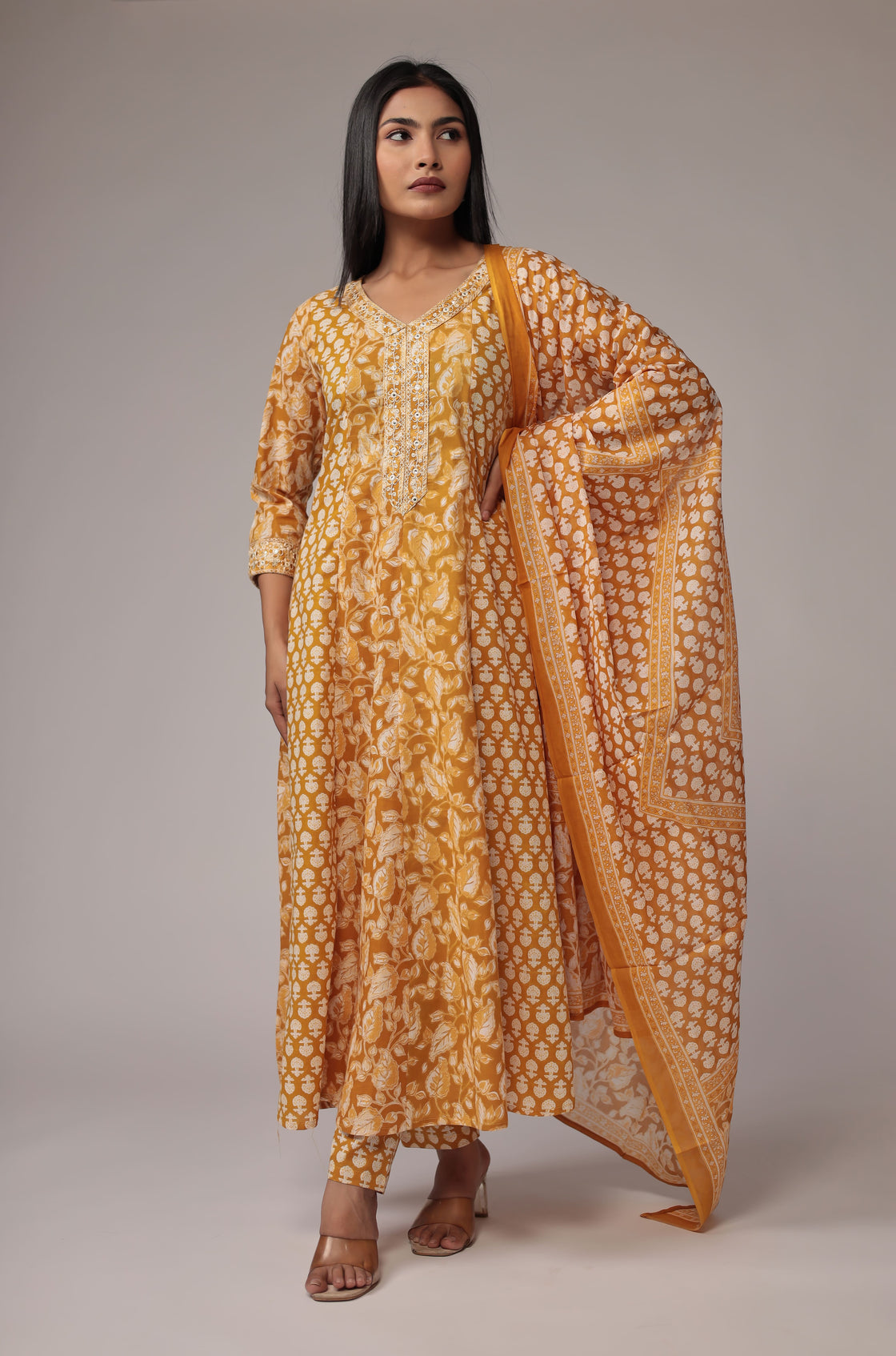 Printed Mustard Anarkali Dupatta Set Detailed with Embroidery on Neck and Sleeves