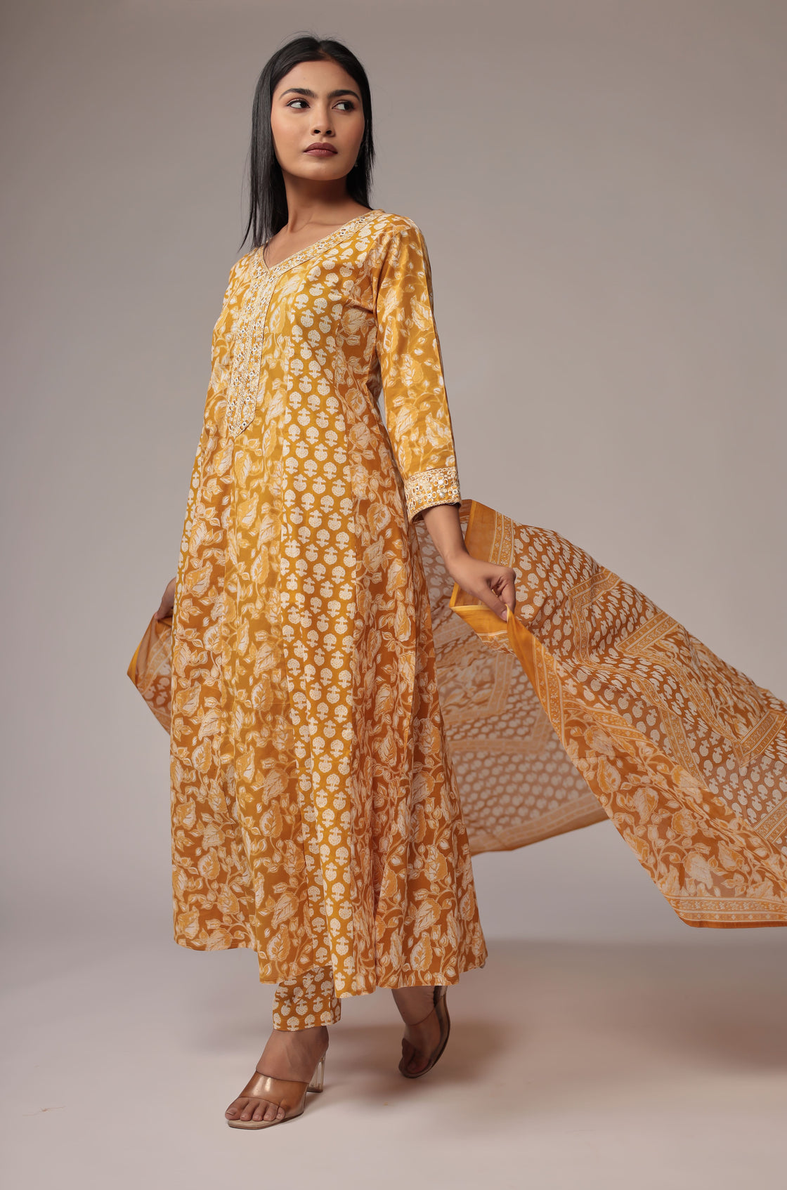 Printed Mustard Anarkali Dupatta Set Detailed with Embroidery on Neck and Sleeves