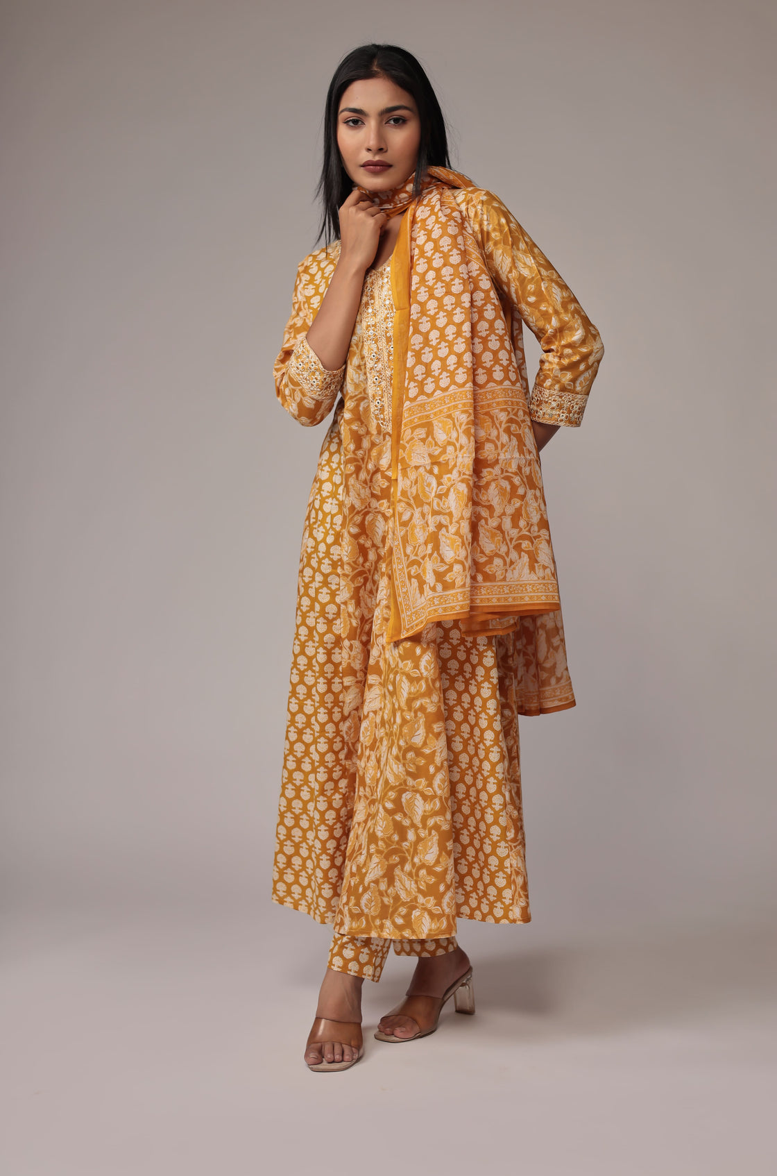 Printed Mustard Anarkali Dupatta Set Detailed with Embroidery on Neck and Sleeves