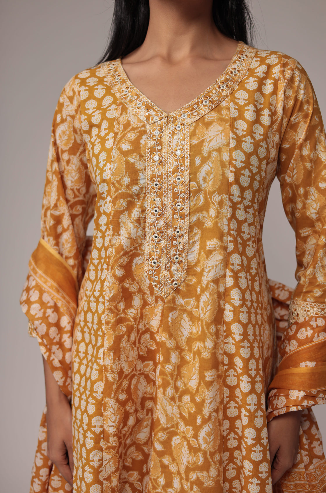 Printed Mustard Anarkali Dupatta Set Detailed with Embroidery on Neck and Sleeves