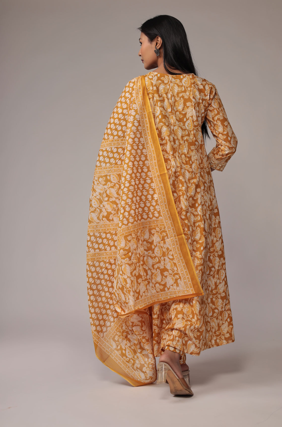 Printed Mustard Anarkali Dupatta Set Detailed with Embroidery on Neck and Sleeves