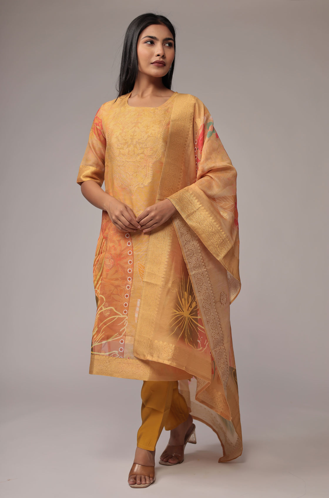 Banarasi Jacquard Chanderi Mustard Suit with Jacquard Dupatta, Soft Silk Pant and Inner Lining in Kurti
