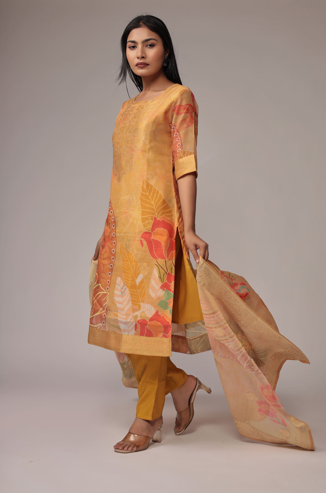 Banarasi Jacquard Chanderi Mustard Suit with Jacquard Dupatta, Soft Silk Pant and Inner Lining in Kurti