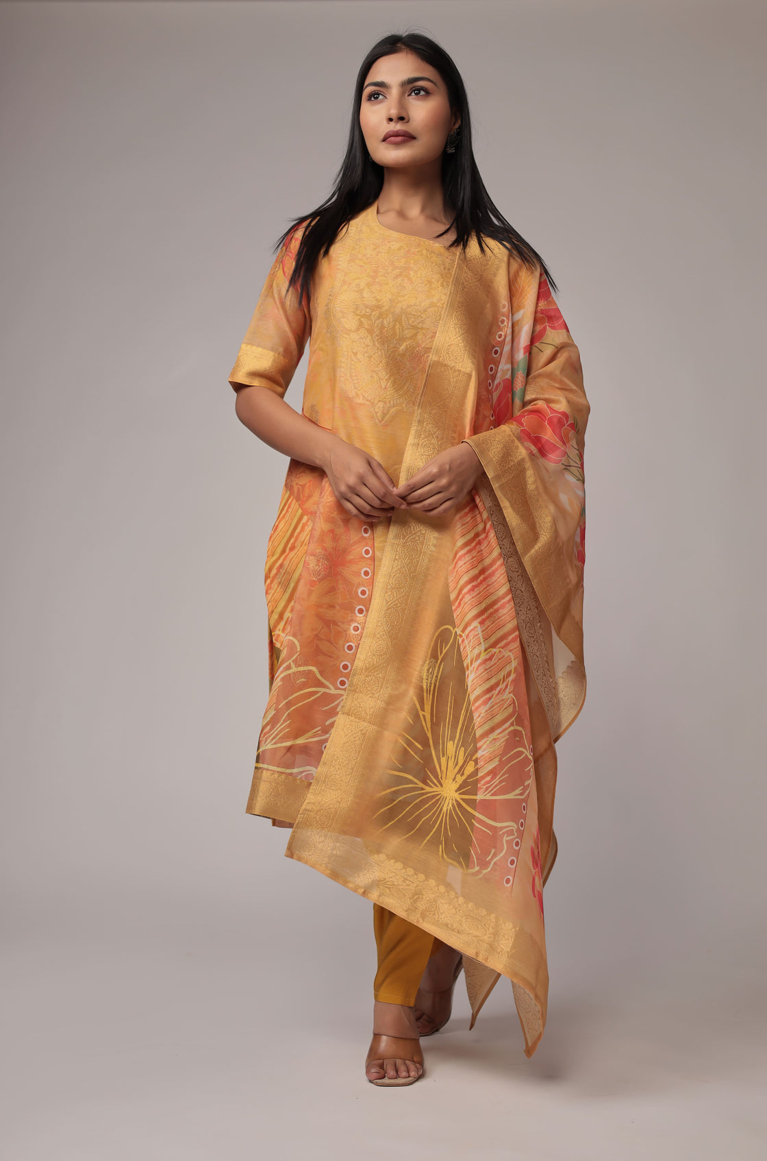 Banarasi Jacquard Chanderi Mustard Suit with Jacquard Dupatta, Soft Silk Pant and Inner Lining in Kurti