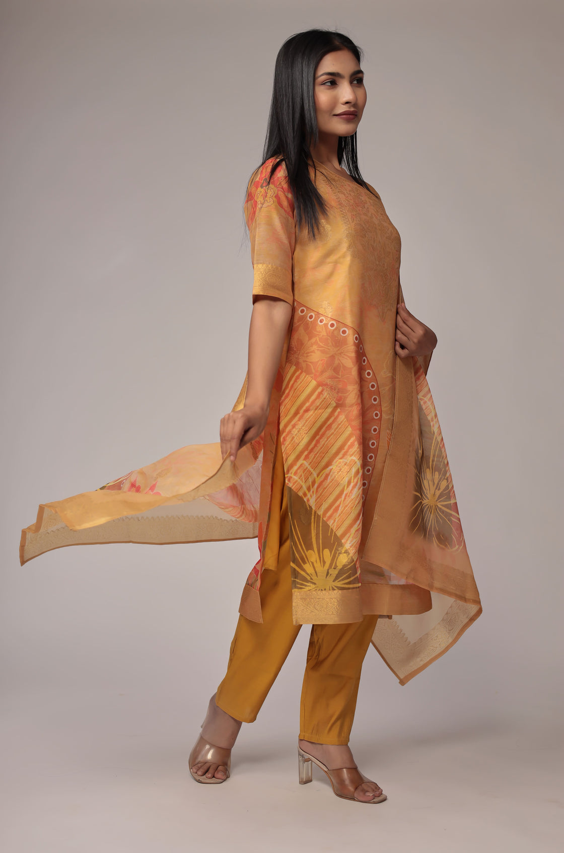 Banarasi Jacquard Chanderi Mustard Suit with Jacquard Dupatta, Soft Silk Pant and Inner Lining in Kurti