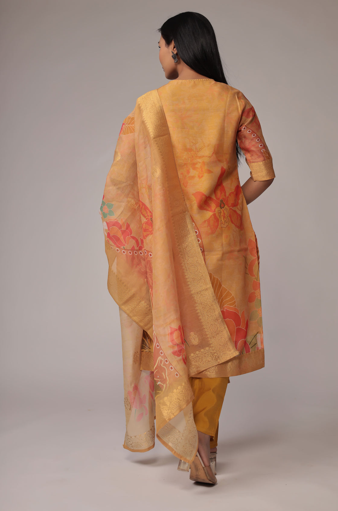 Banarasi Jacquard Chanderi Mustard Suit with Jacquard Dupatta, Soft Silk Pant and Inner Lining in Kurti