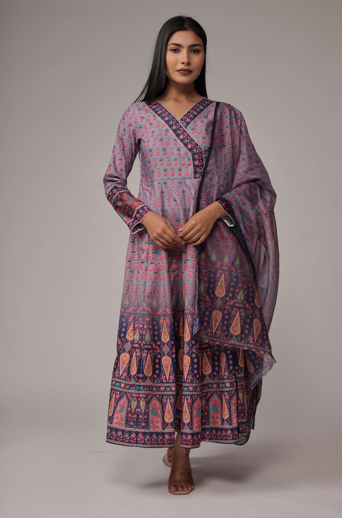 Shaded Blue Fine Digital Print Anarkali Dupatta Set with Zari Embroidery Detailing
