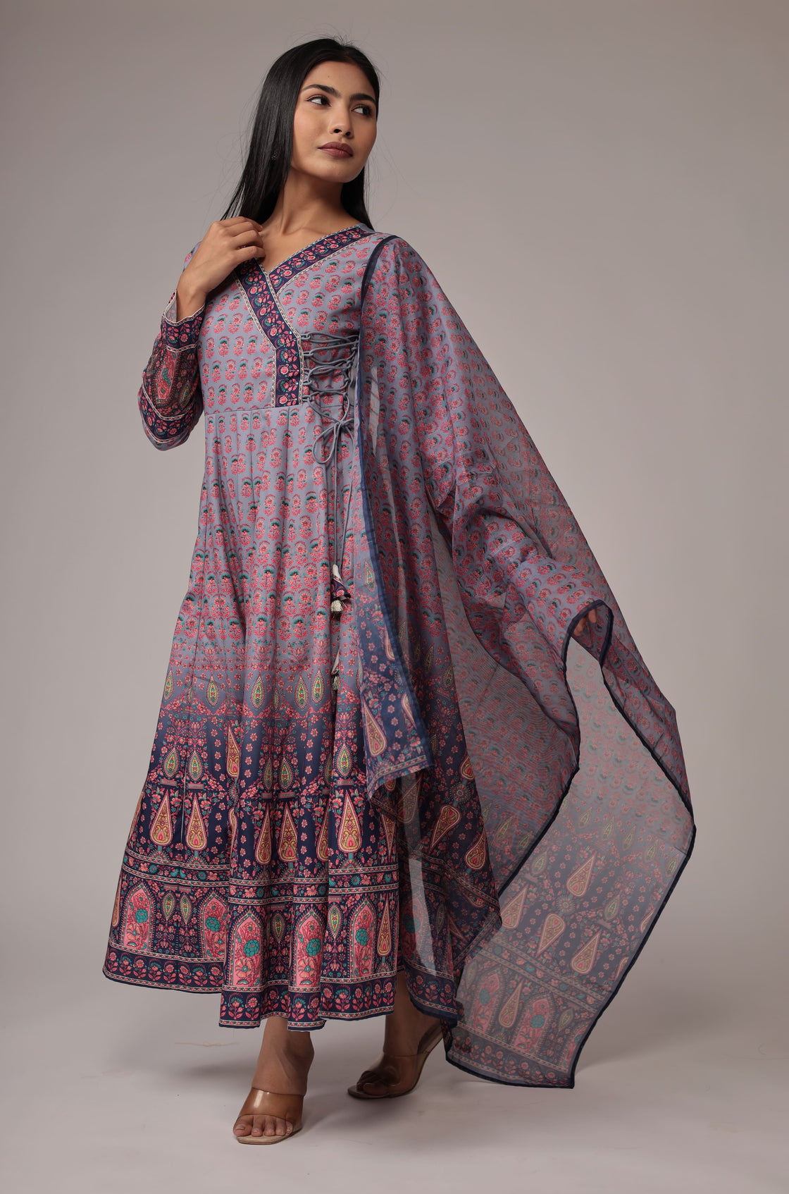Shaded Blue Fine Digital Print Anarkali Dupatta Set with Zari Embroidery Detailing
